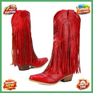 Western Cowgirl Boots Chunky Heel Pointed Toe Knee High Comfortable